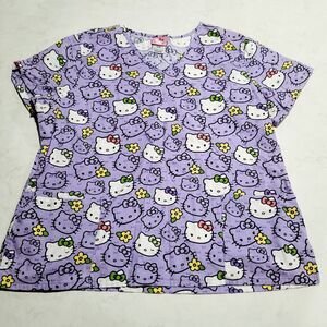 Sanrio Hello Kitty V Neck Nursing Scrubs Top Woman's XL 3 Pocket All Over Print